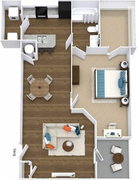 Floor plan for 1 bed, 1 bath, 822 sqft